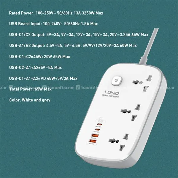 LDNIO SC3416 3 AC Outlets 4 USB Power Strip 3
