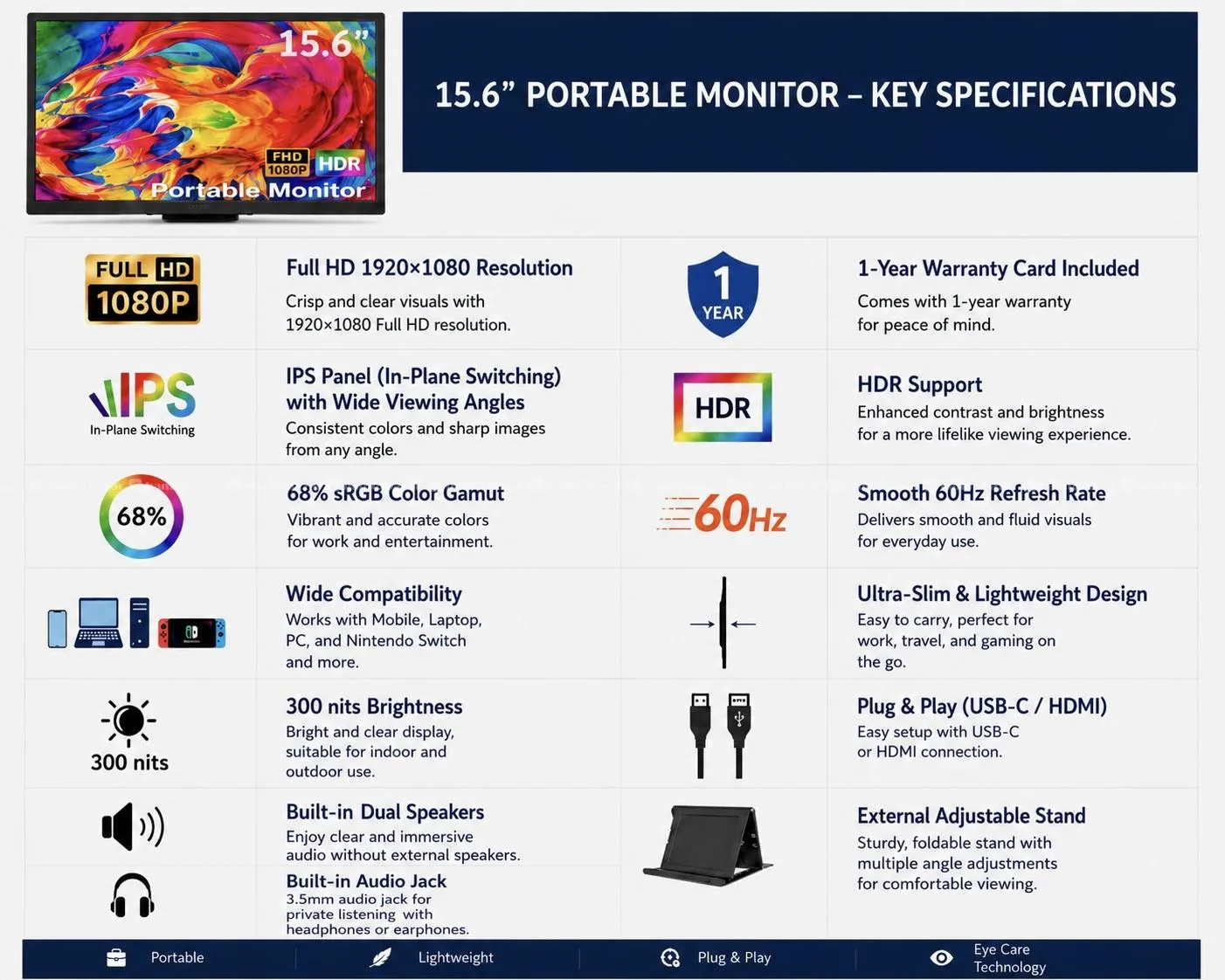 15.6” IPS Portable Monitor|FHD 1080P| USB-C & HDMI 4