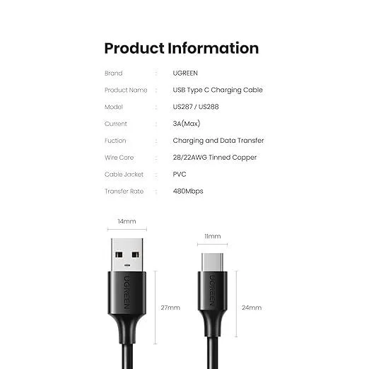 1 Mtr Ugreen 60136 USB 2.0 Male to USB-C 3.1 Male 5