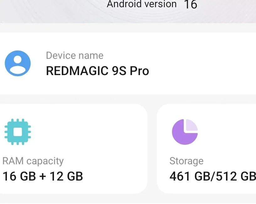 Redmagic 9s Pro 16 GB RAM 512 Storage Storage 6