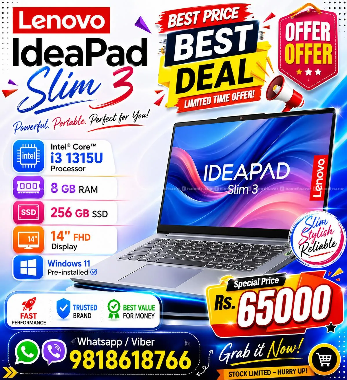 Lenovo Ideapad Slim 3-i3 13th Gen-8-256SSD 14" FHD 1