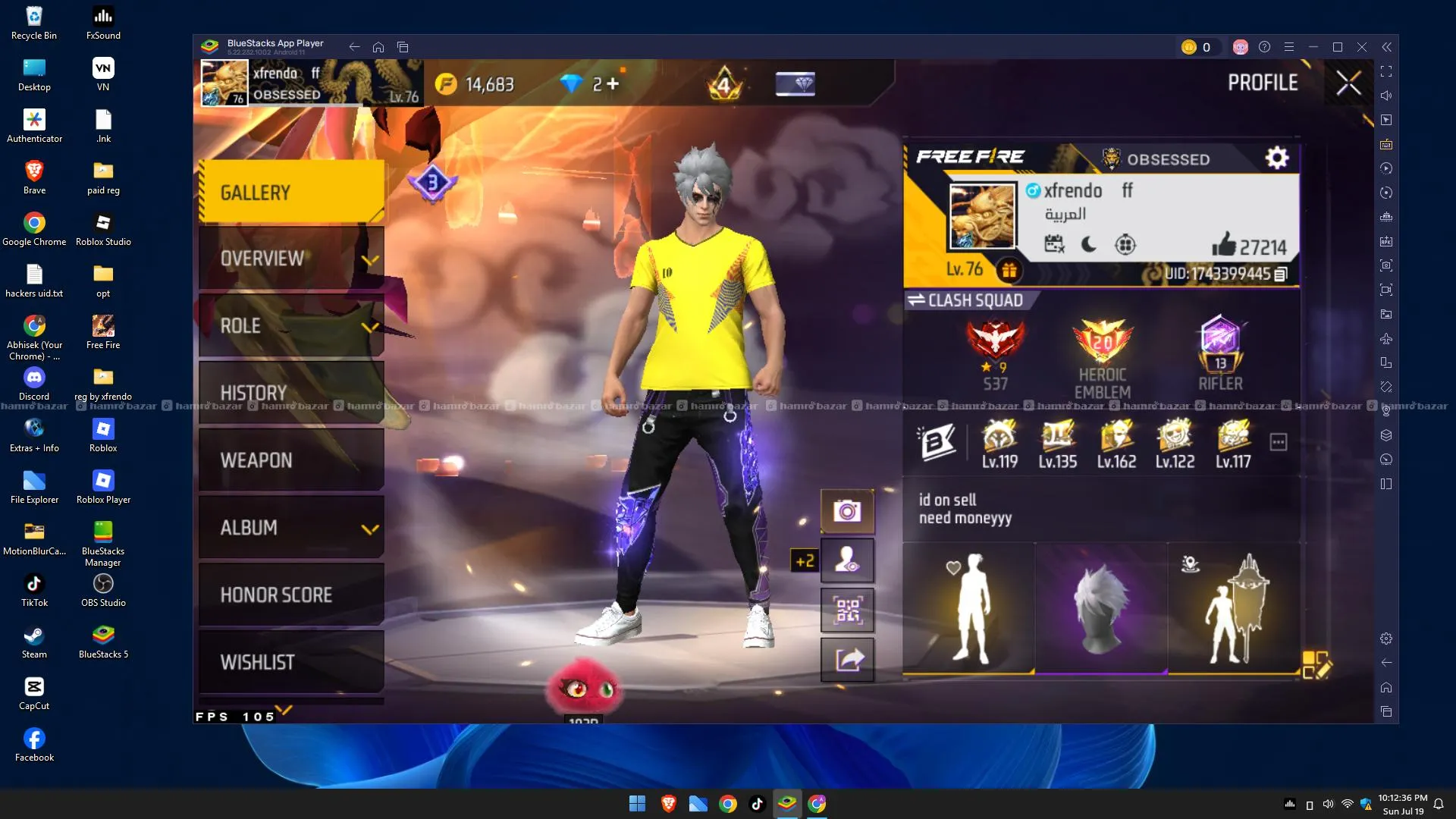 free fire id 76lvl almost (7years at rs 4000) 6
