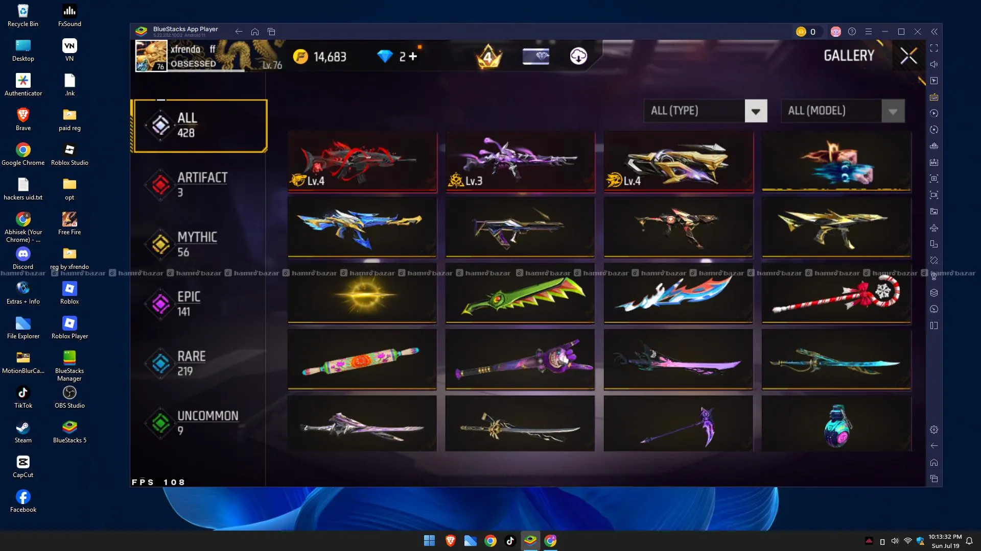 free fire id 76lvl almost (7years at rs 4000) 2
