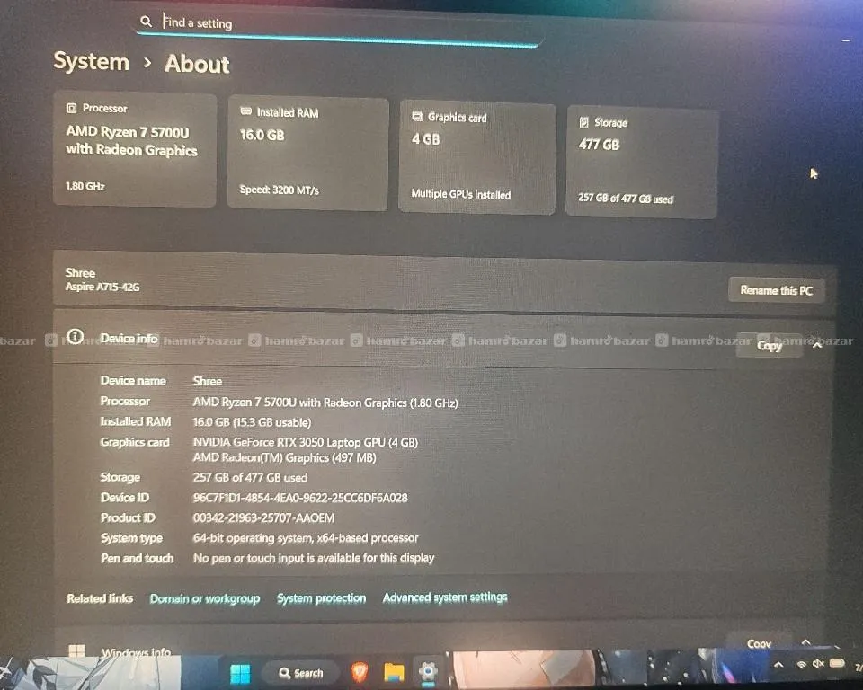 Rtx3050 Acer aspire Ryzen 7 5700u Gaming/Work Laptop 2