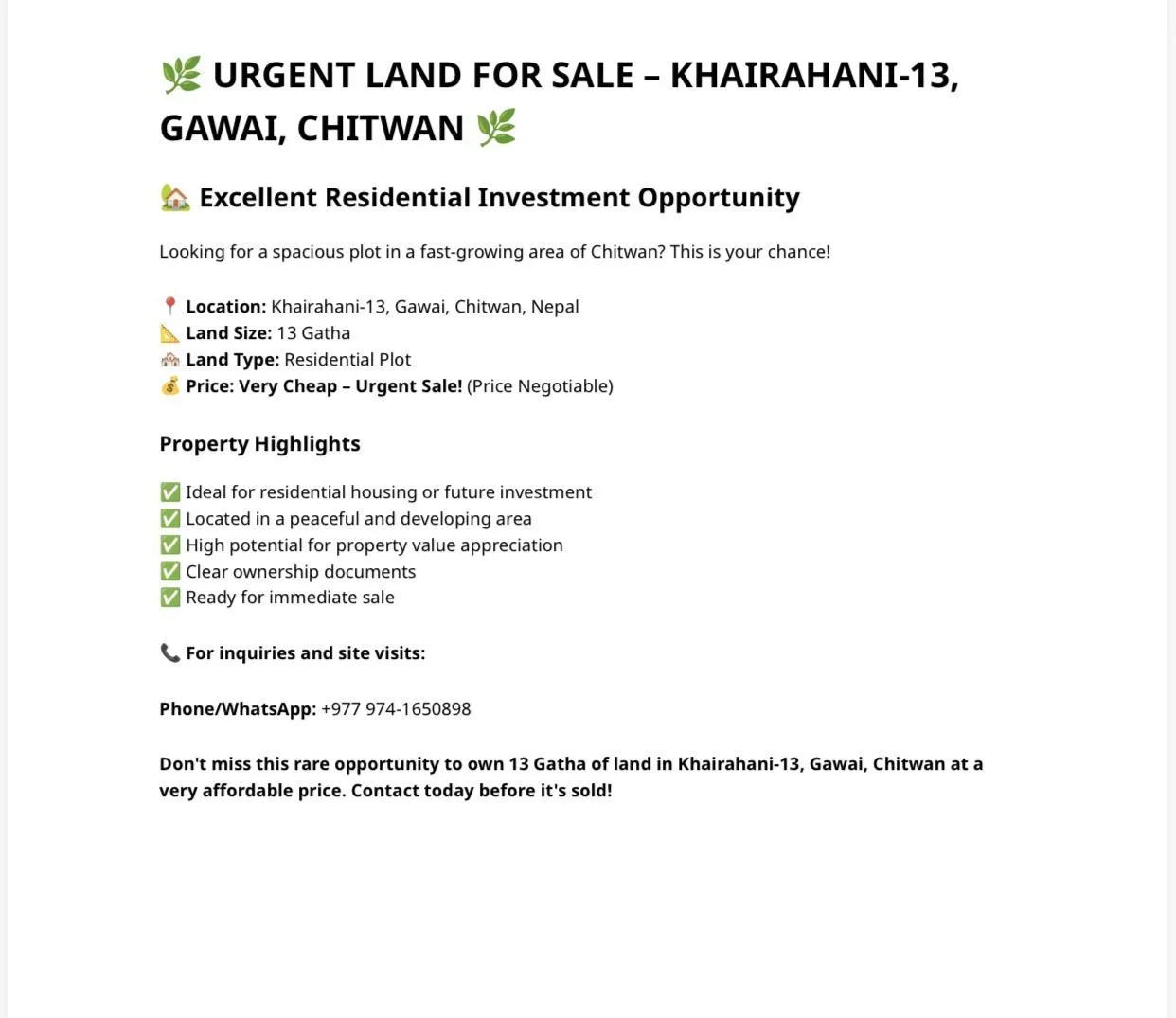 urgent land sell chitwan sawraha near co9741650898 2
