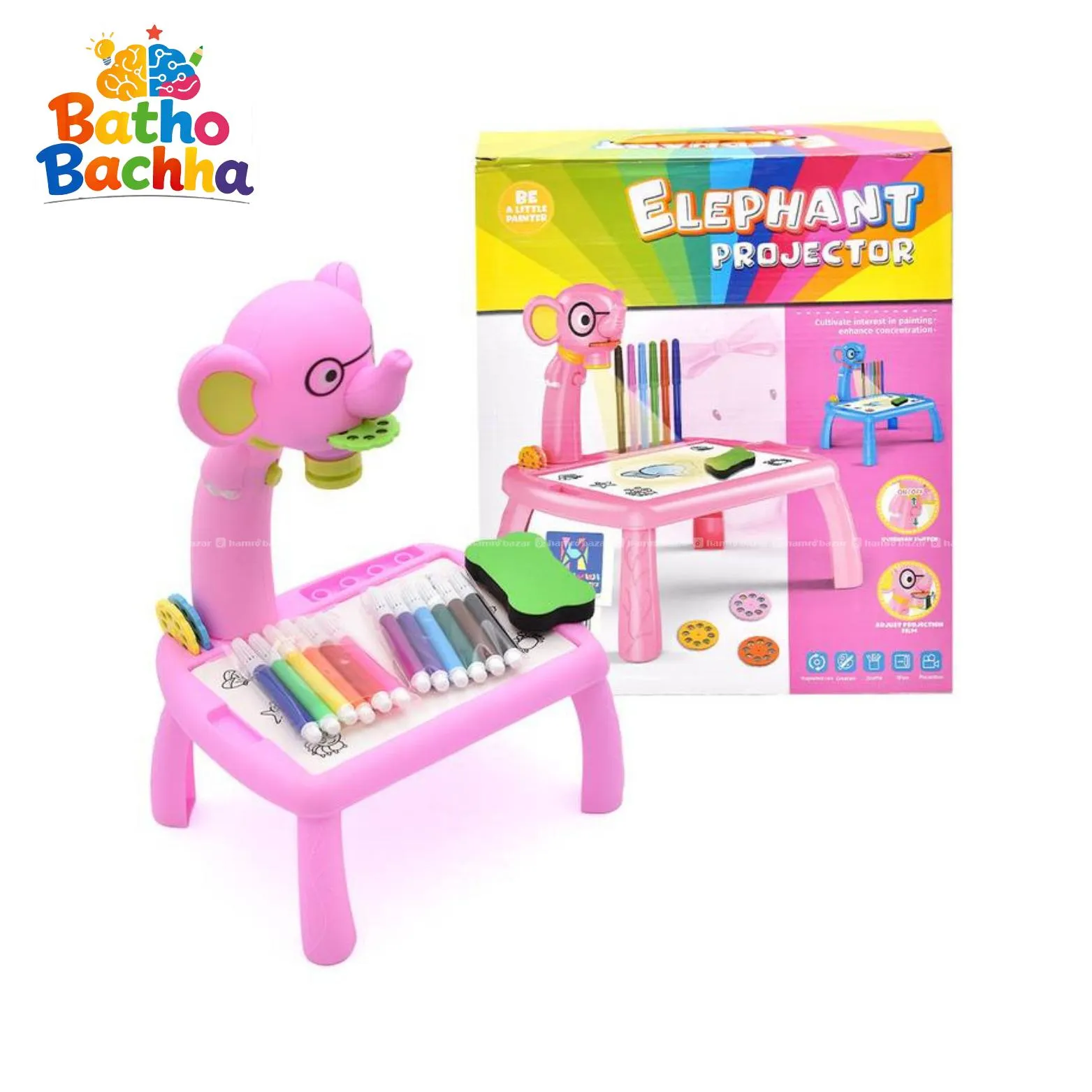 Kids Elephant Projector Drawing Table (12 Pen Set)