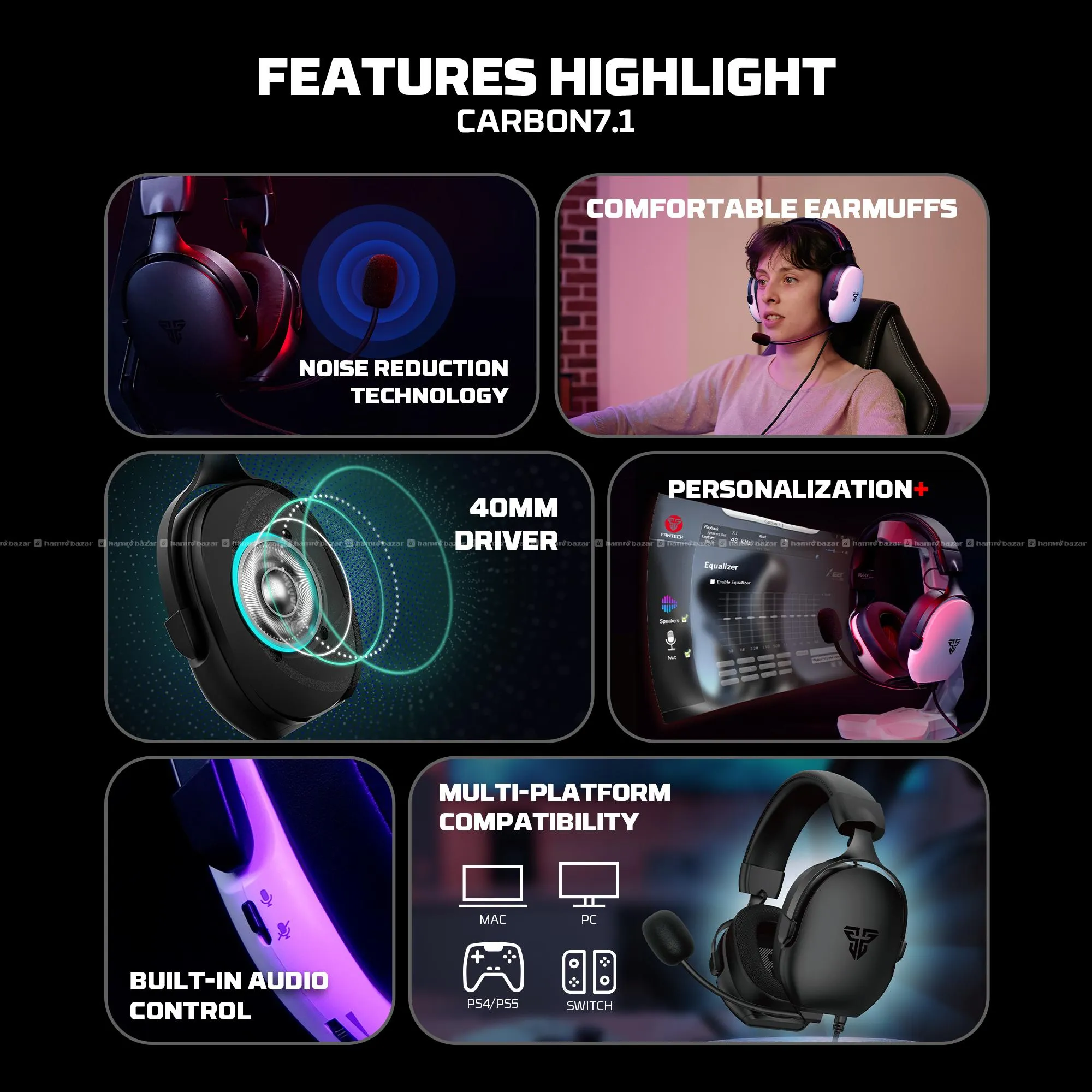 Gaming Headphone Fantech HG30 CARBON 7.1  warrenty 3