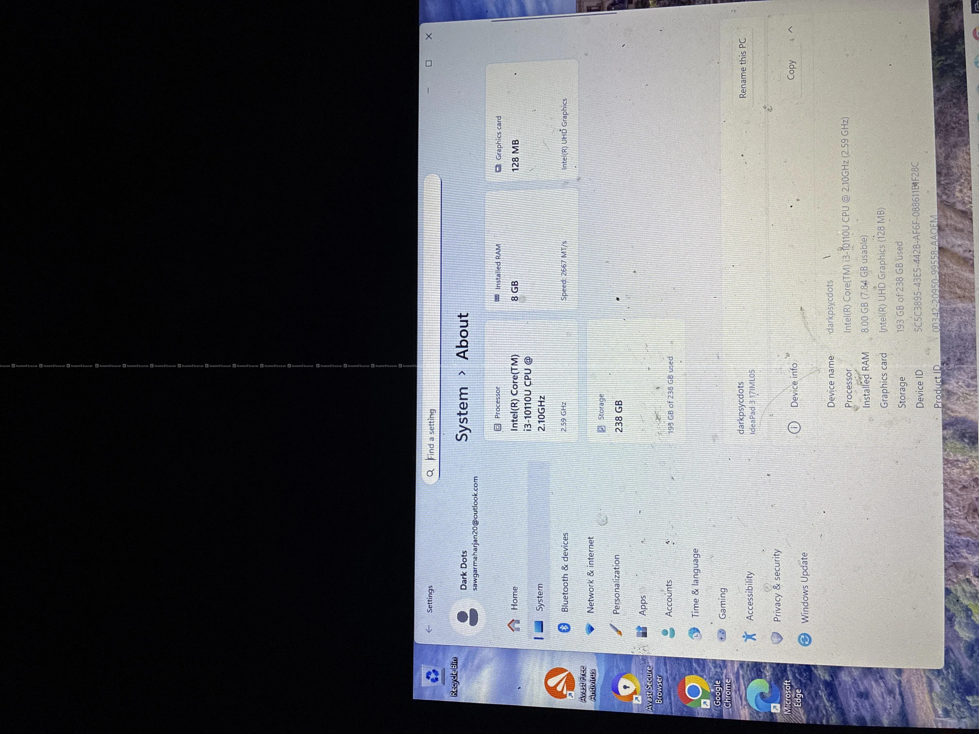 lenovo ideapad 3 10110u cpu @ 2.10GHz 8/258GB UHD 6