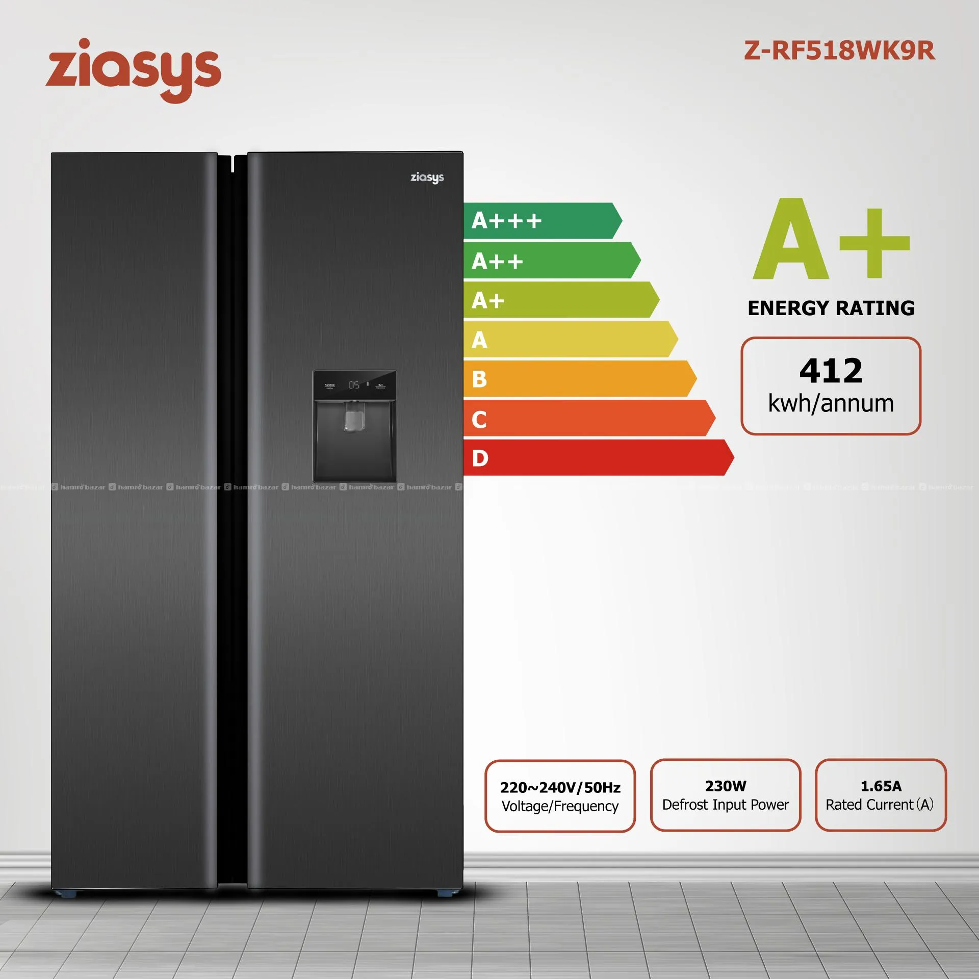 Ziasys Z-RF518WK9R Side by Side 550L refrigerator 5