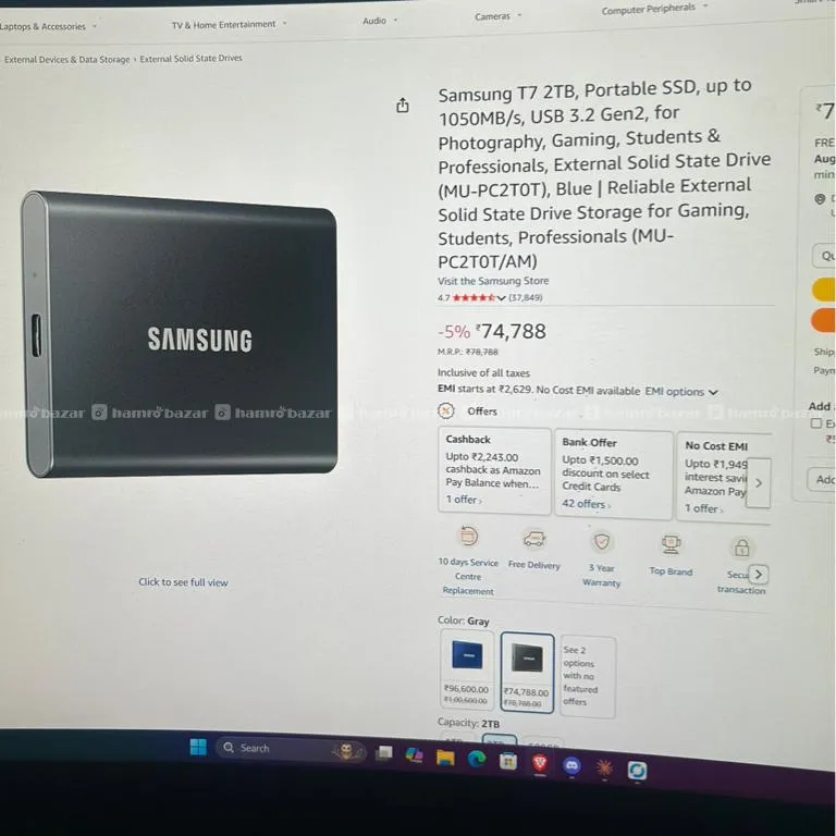Samsung T7 2TB SSD 99% Health 1050 Mb/s 3