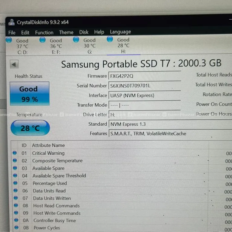 Samsung T7 2TB SSD 99% Health 1050 Mb/s 2