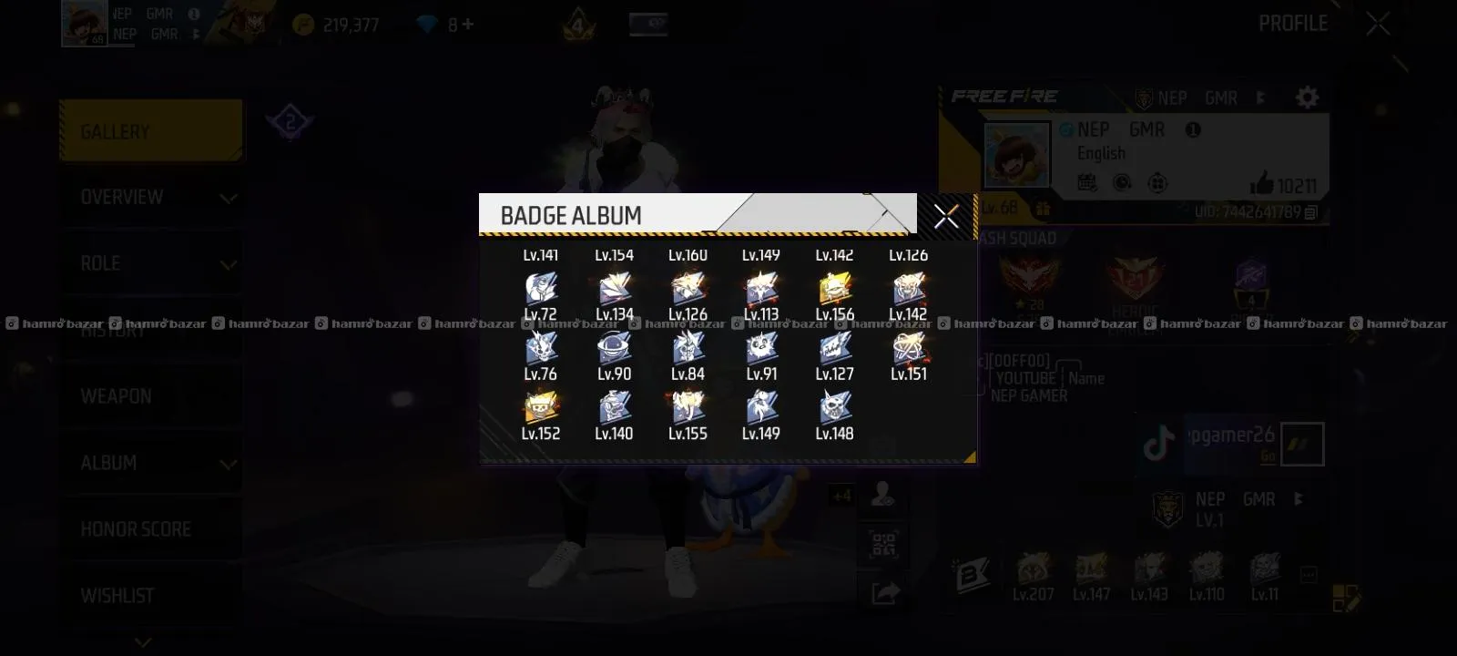 FREE FIRE ID SELL LEVEL 68 5