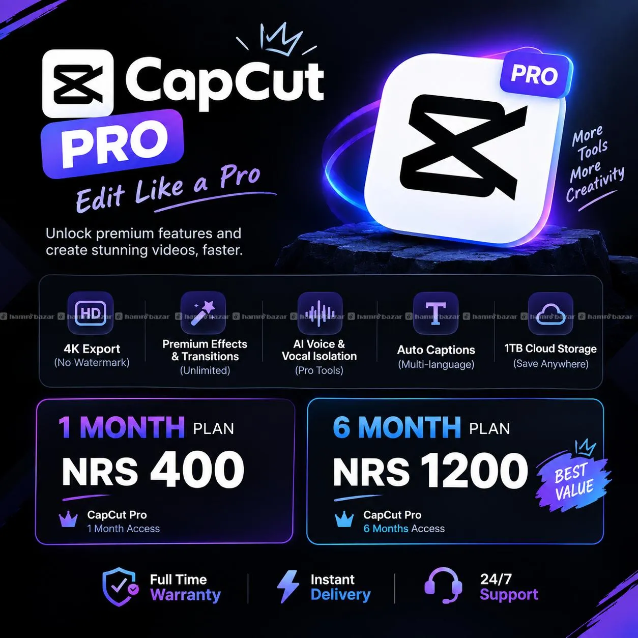 Capcut Pro (1 month / 6 months) at : 400/1200