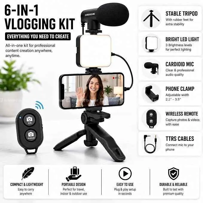 Video Making Kit Vlogging Tripod Triple Band Light