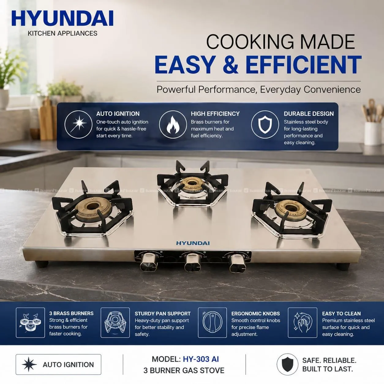 Hyundai Gas Stove 3 Burner Stainless Steel 2