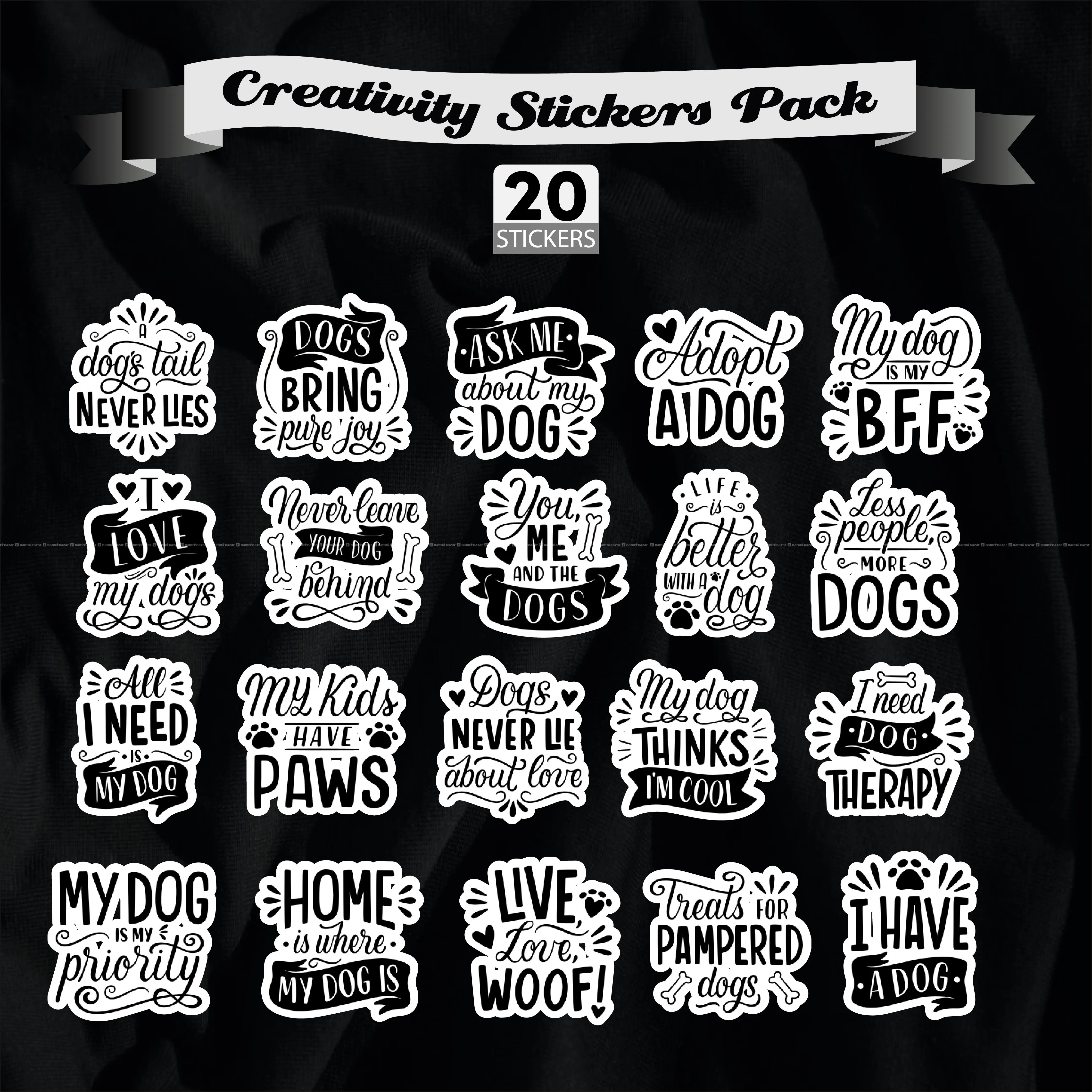 Dog Lover B/W Sticker Set - 20 pcs