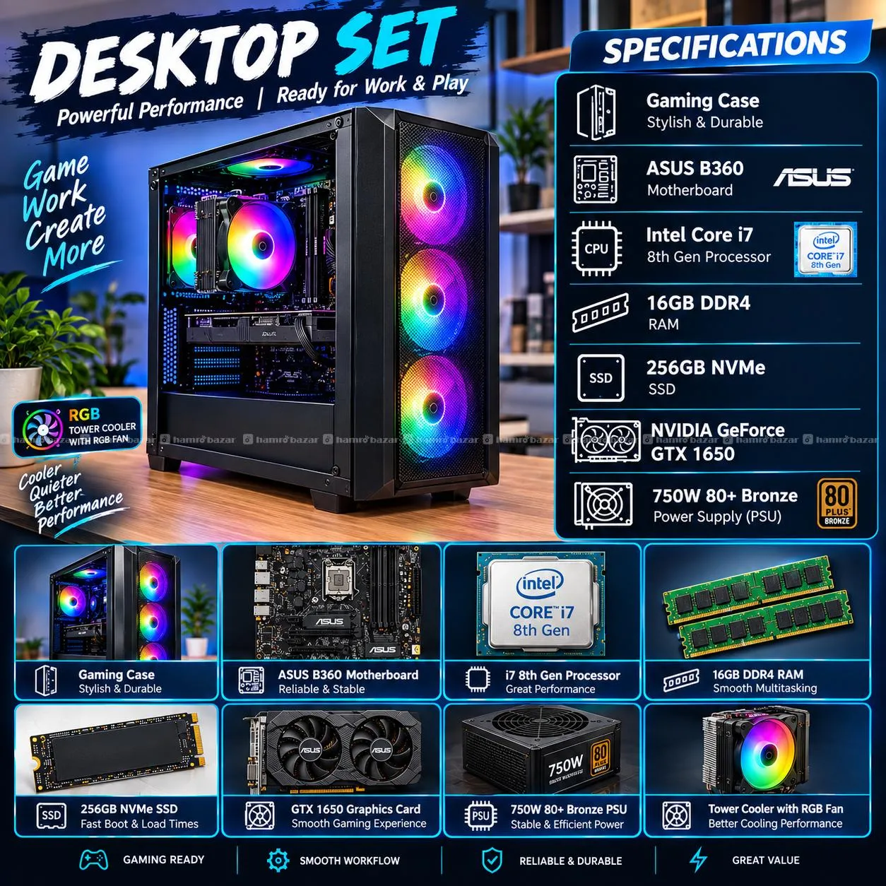 Gaming PC i7 8th Gen GTX 1650 4GB GPU, 16GB RAM