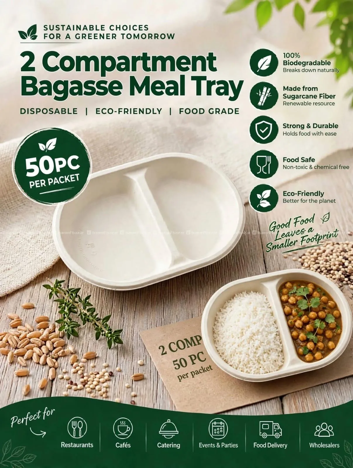 2 CP BAGASSE DISPOSABLE MEAL TRAY | ECO-FRIENDLY