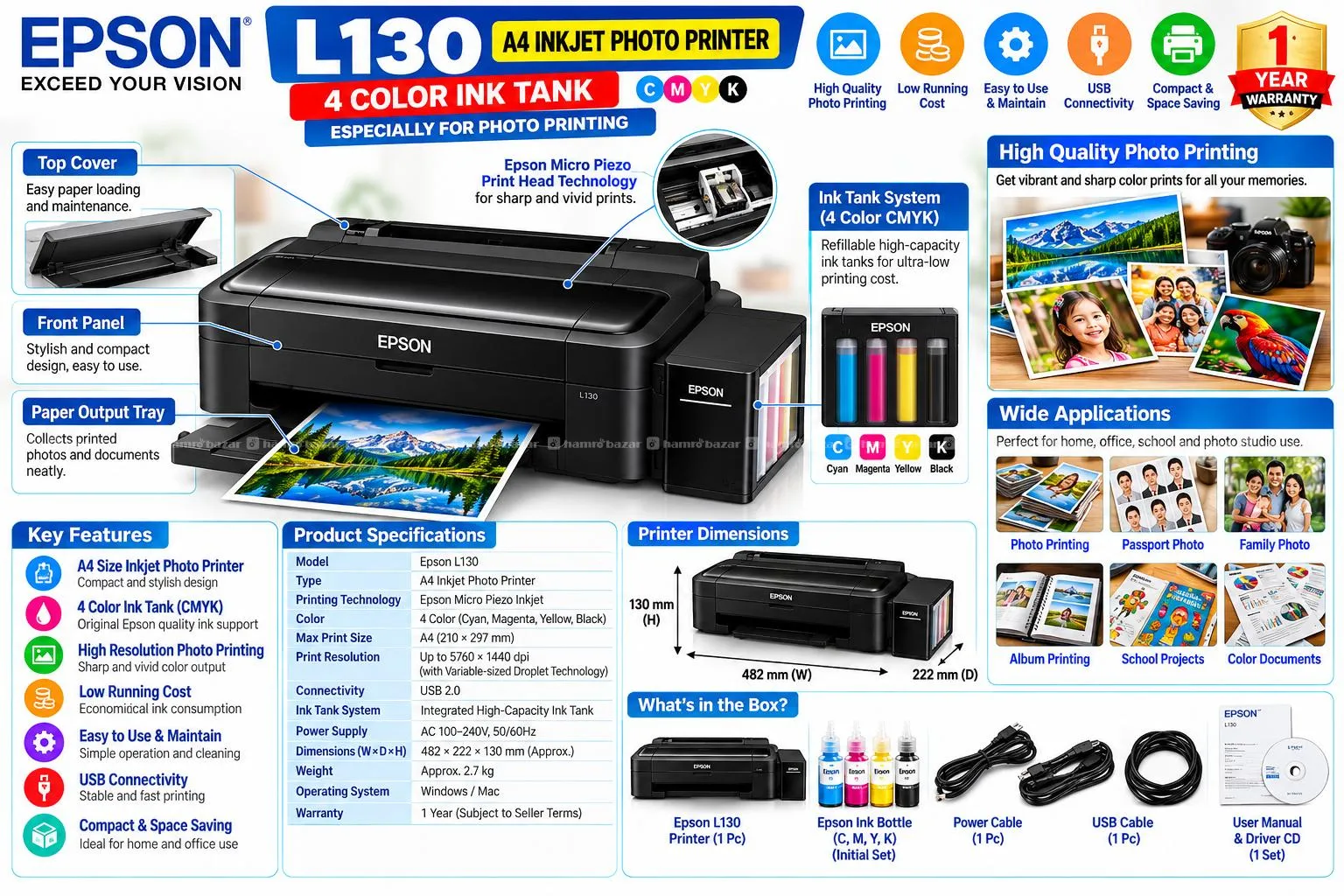 Epson L130 Inkjet Photo Printer 4Color Ink Tank 3
