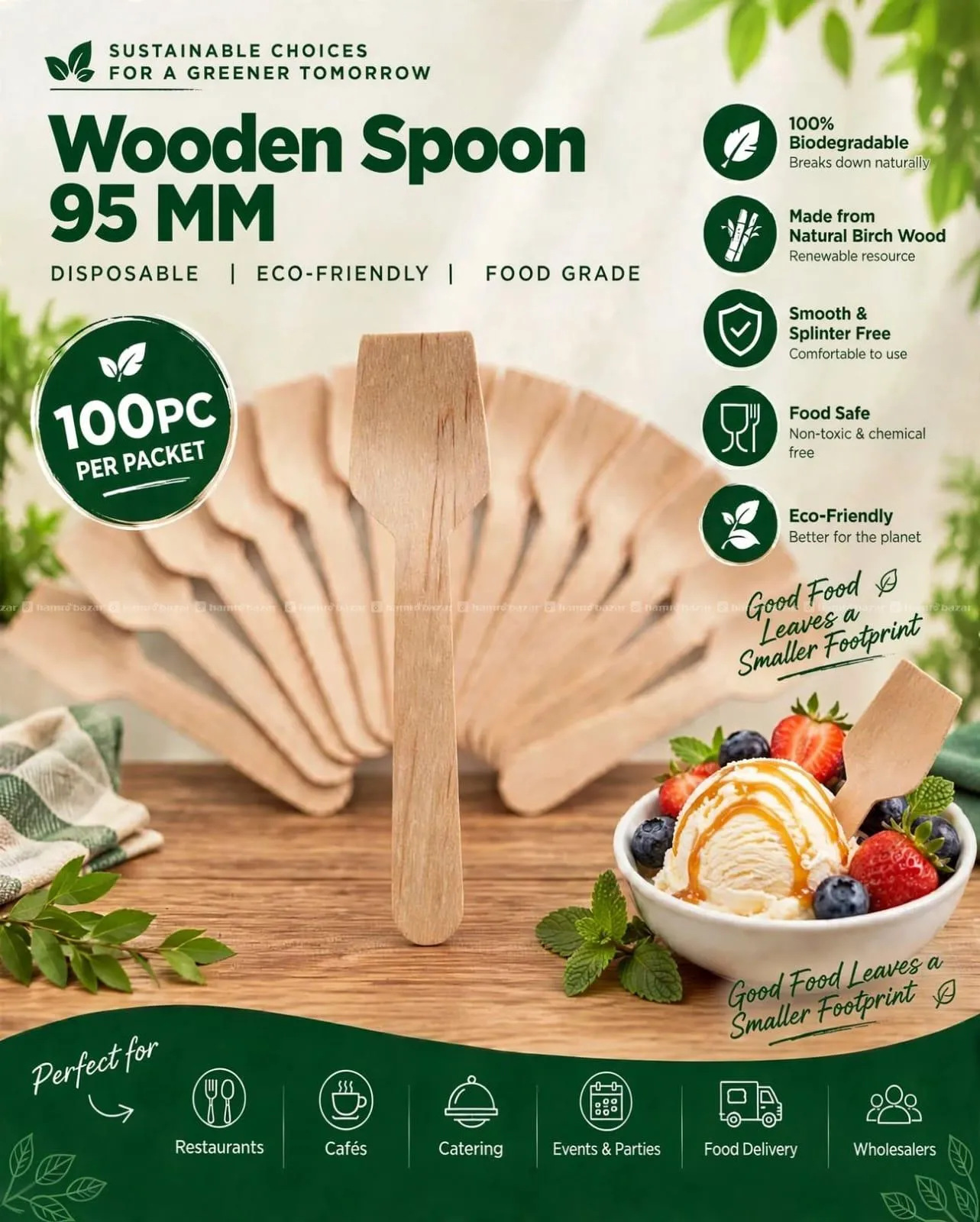 DISPOSABLE WOODEN SPOON 95 MM | ECO-FRIENDLY