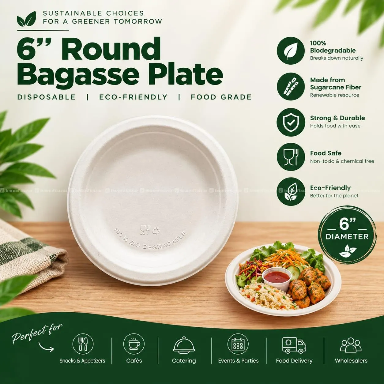 6 INCH ROUND BAGASSE PLATE | ECO-FRIENDLY