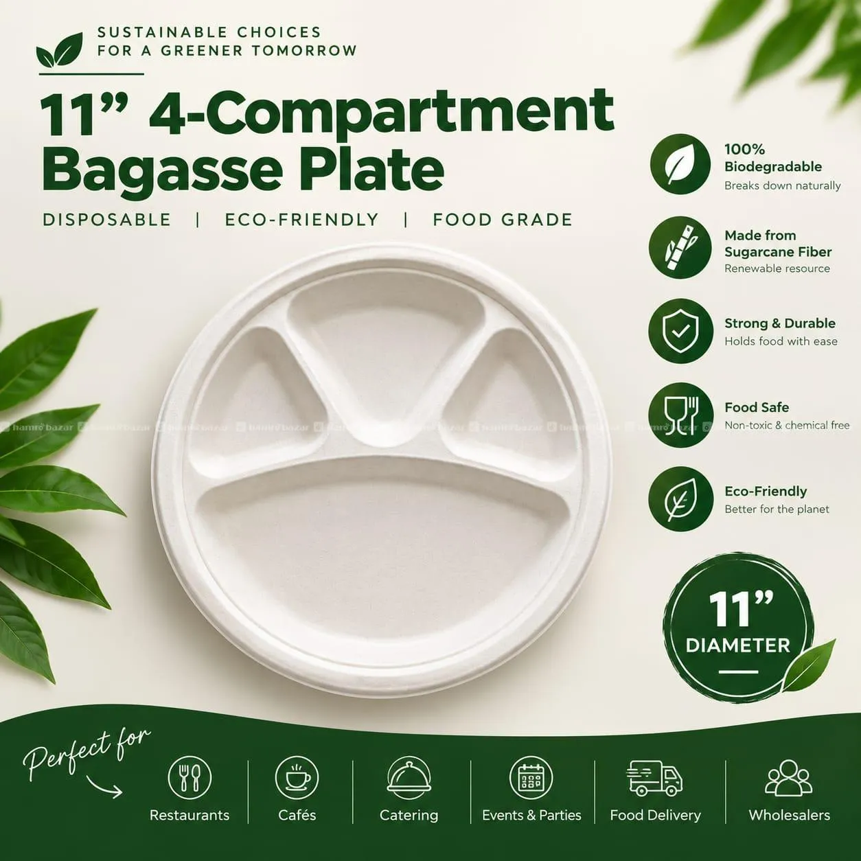 11 INCH 4CP BAGASSE DISPOSABLE PLATE|ECO-FRIENDLY