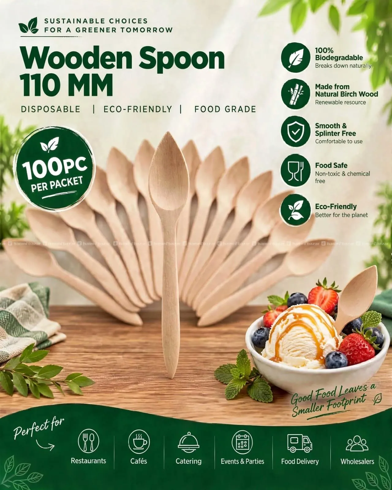 DISPOSABLE WOODEN SPOON 110 MM | ECO-FRIENDLY