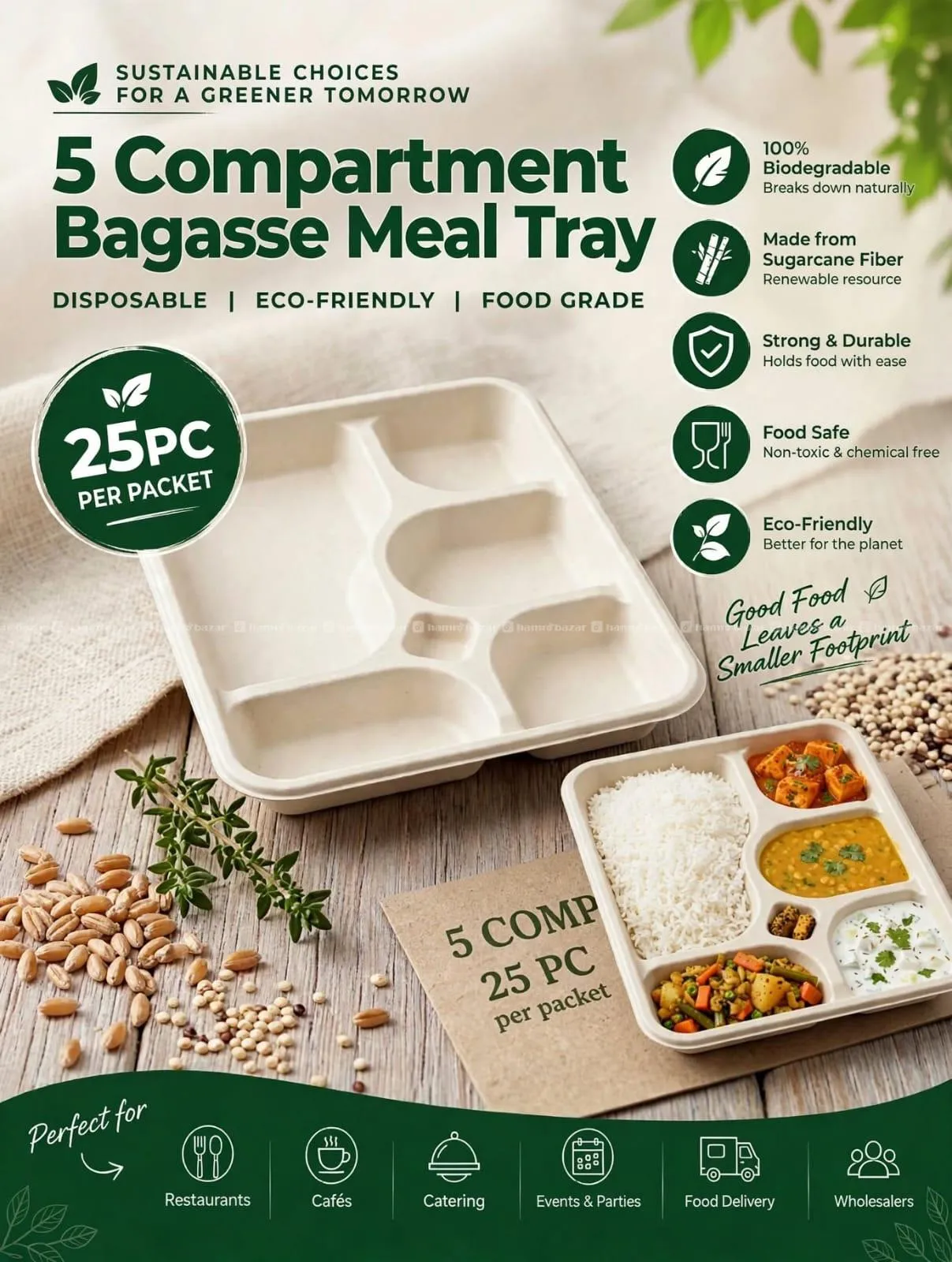 5 CP BAGASSE DISPOSABLE MEAL TRAY | ECO-FRIENDLY