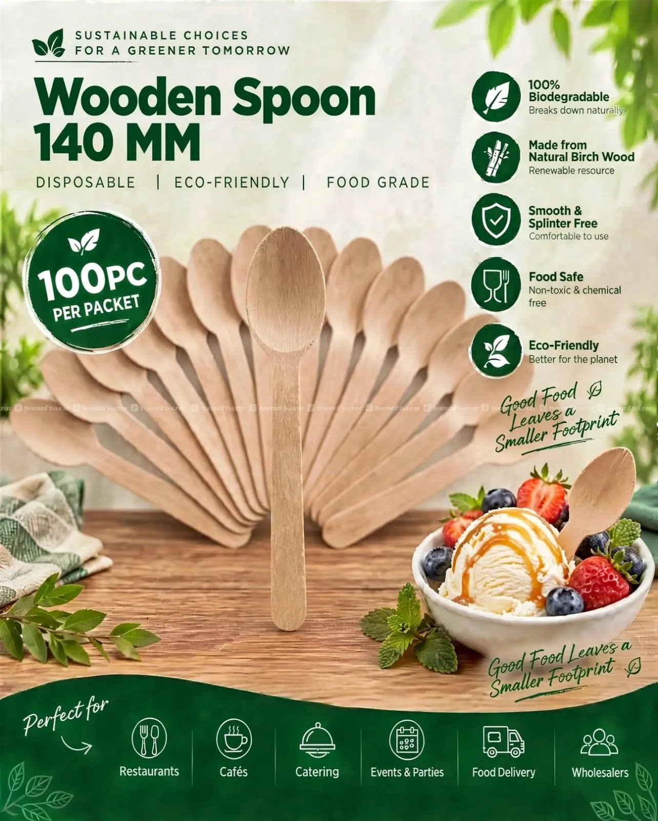 DISPOSABLE WOODEN SPOON 140 MM | ECO-FRIENDLY
