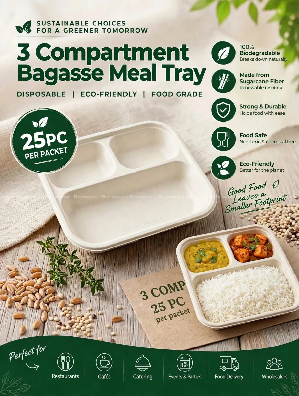 3 CP BAGASSE DISPOSABLE MEAL TRAY | ECO-FRIENDLY
