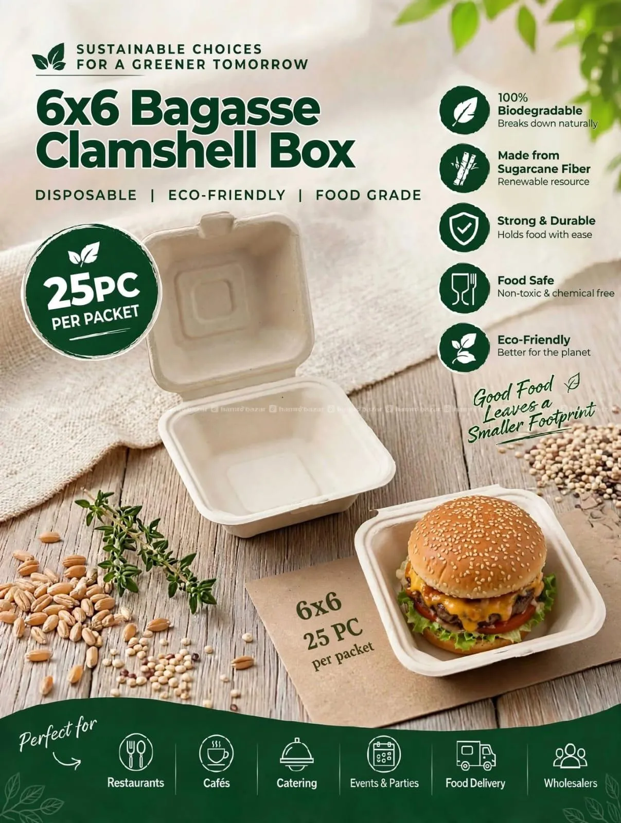 6x6 BAGASSE DISPOSABLE DELIVERY BOX | ECO-FRIENDLY