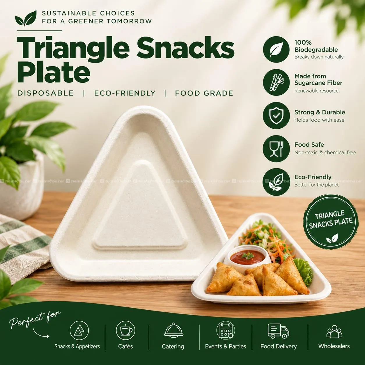 TRIANGLE SNACKS BAGASSE PLATE | ECO-FRIENDLY