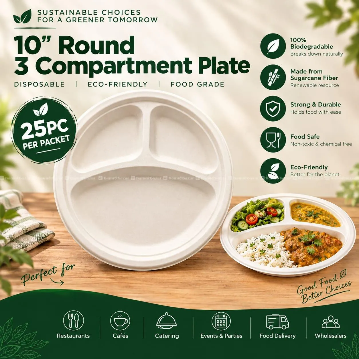 10 INCH 3 CP BAGASSE DISPOSABLE PLATE|ECO-FRIENDLY