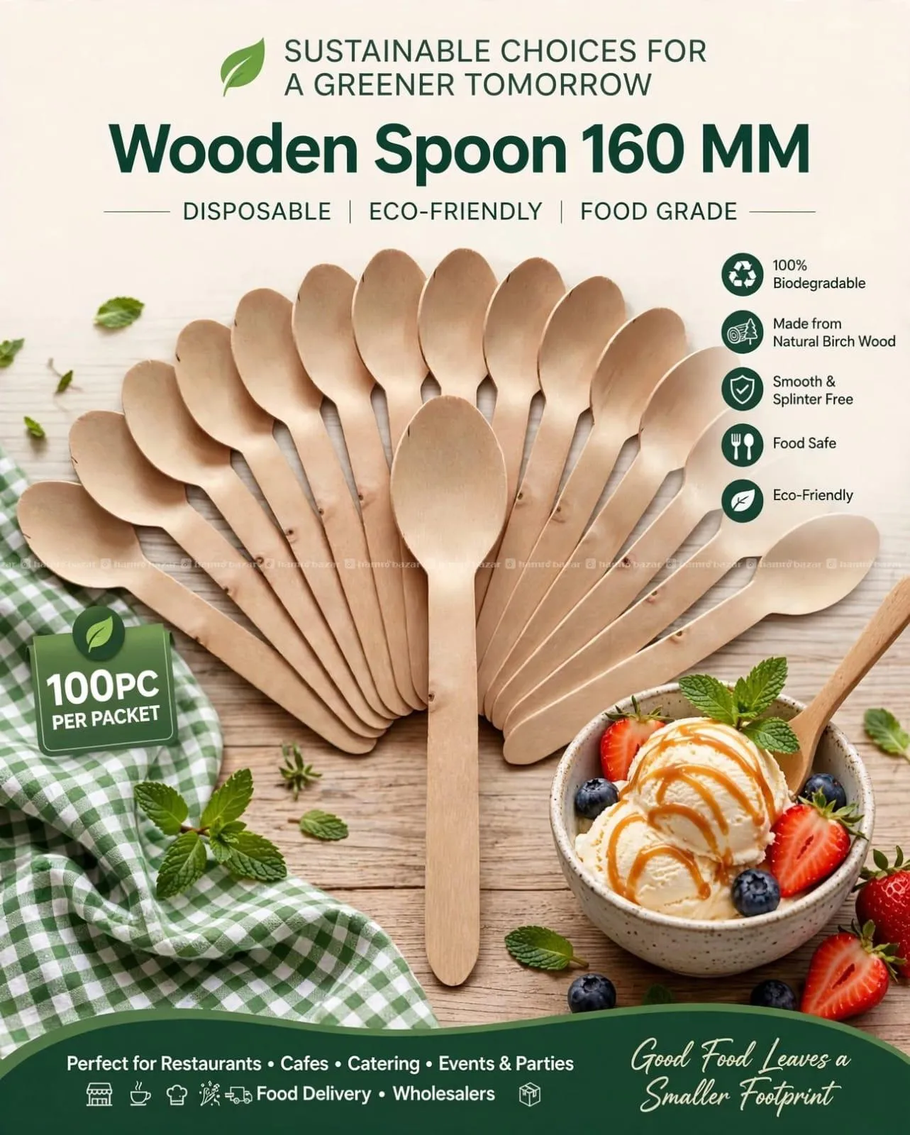 DISPOSABLE WOODEN SPOON 160 MM | ECO-FRIENDLY