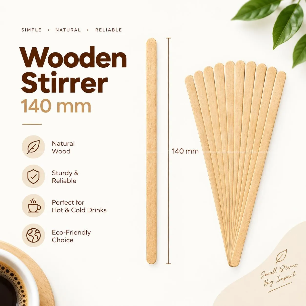 DISPOSABLE WOODEN STIRRER 140 MM | ECO-FRIENDLY