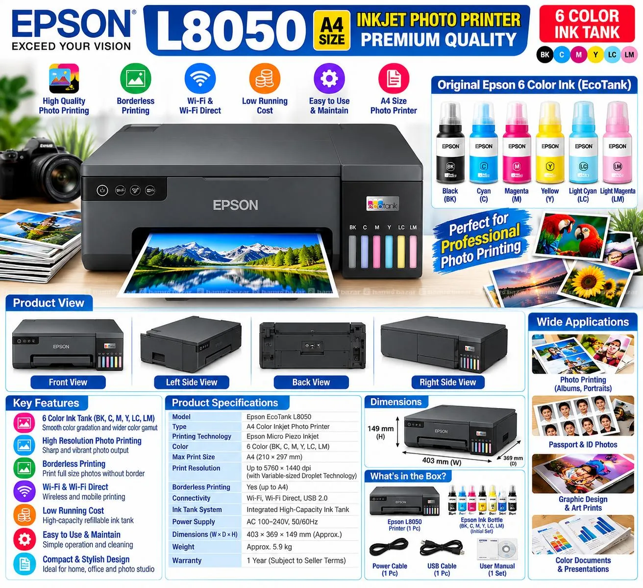 Epson L8050 Premium Quality Photo Printer 6 Color