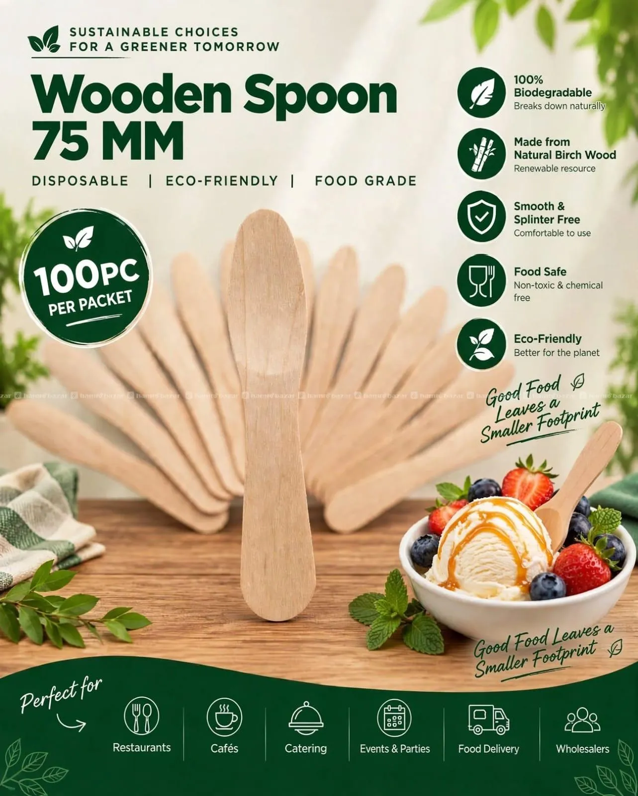 DISPOSABLE WOODEN SPOON 75MM | ECO-FRIENDLY