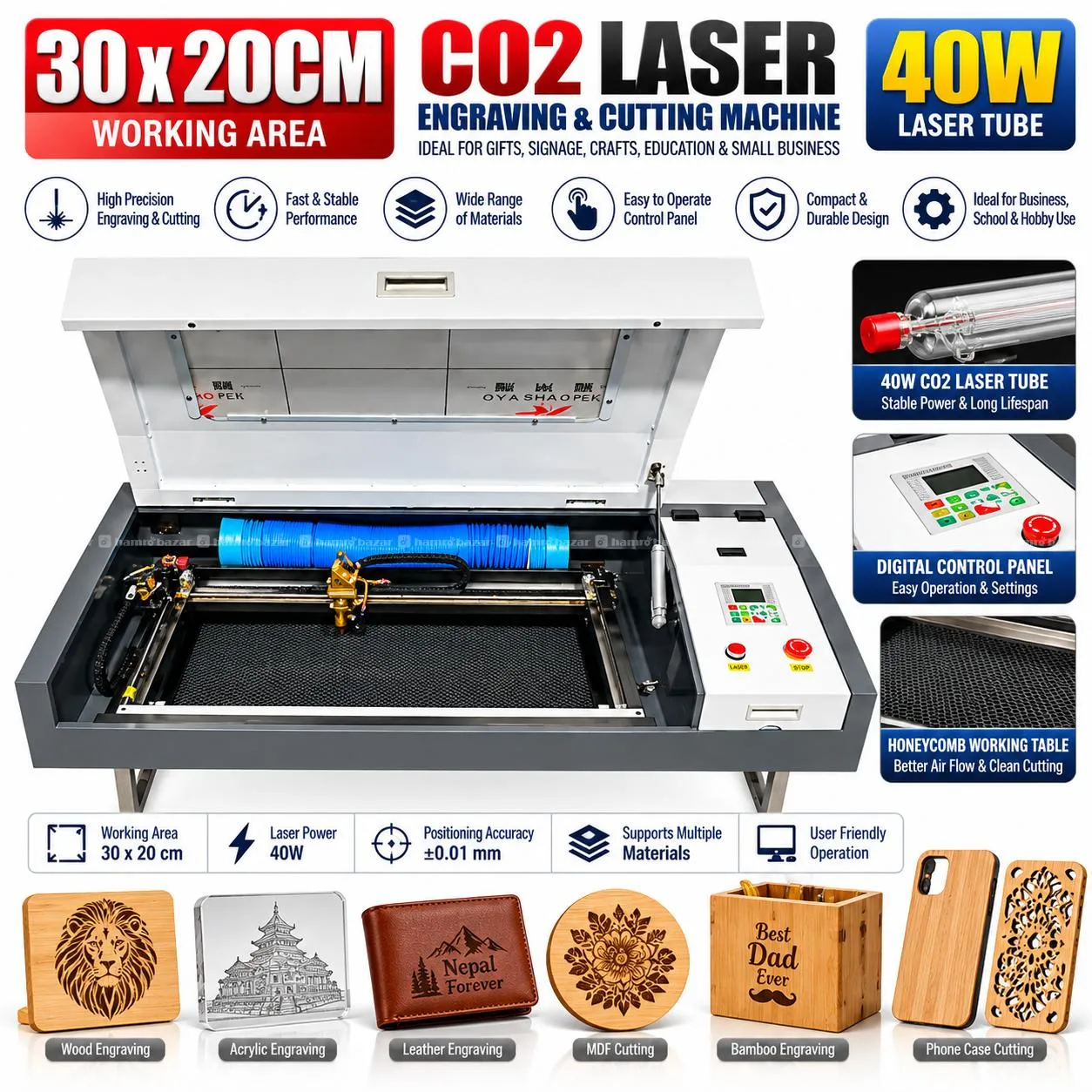 Co2 Laser & Engraving Machine Size 30*20CM 40W