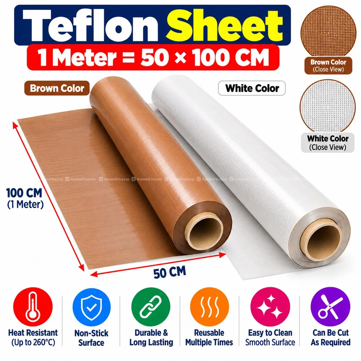 Teflon Sheet 1 Meter Brown/White Color 50*100Cm