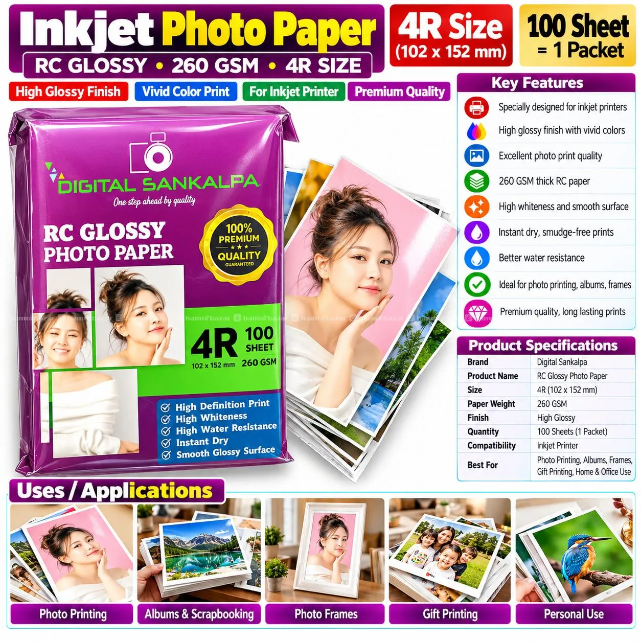 Inkjet Photo Paper 260g Glossy 4R 100 Sheet 1Pkt 2
