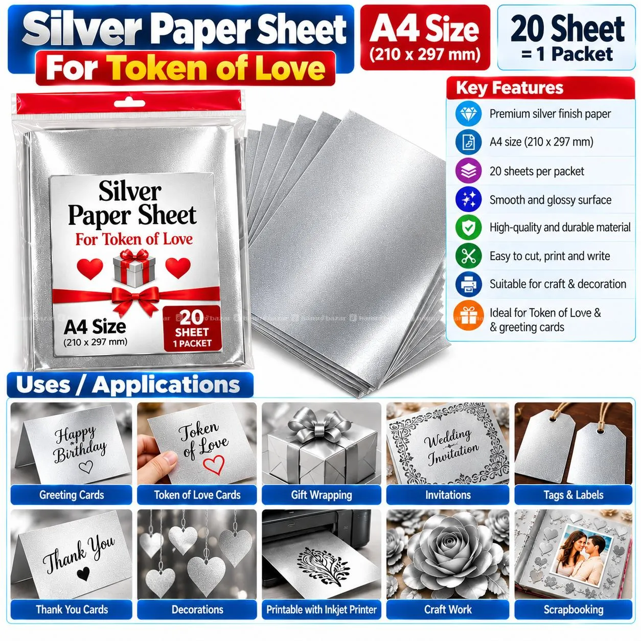 Silver Paper Sheet A4 Size20 Sheet = 1 Packet
