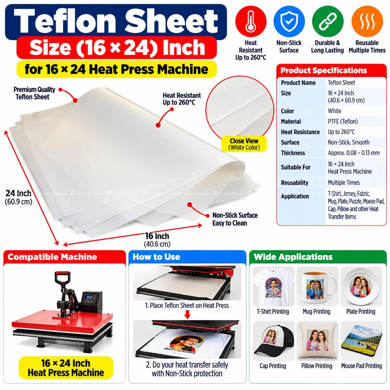 Teflon Sheet Size (16*24) Inch White Color
