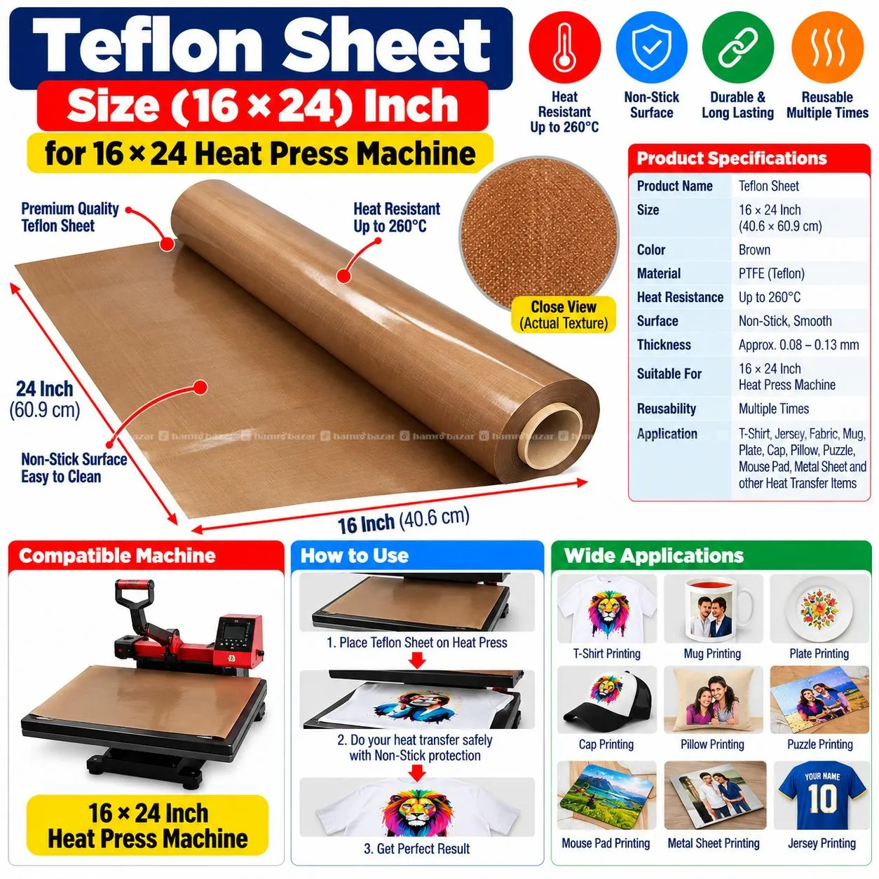 Teflon Sheet Size (16*24) Inch Brown Color