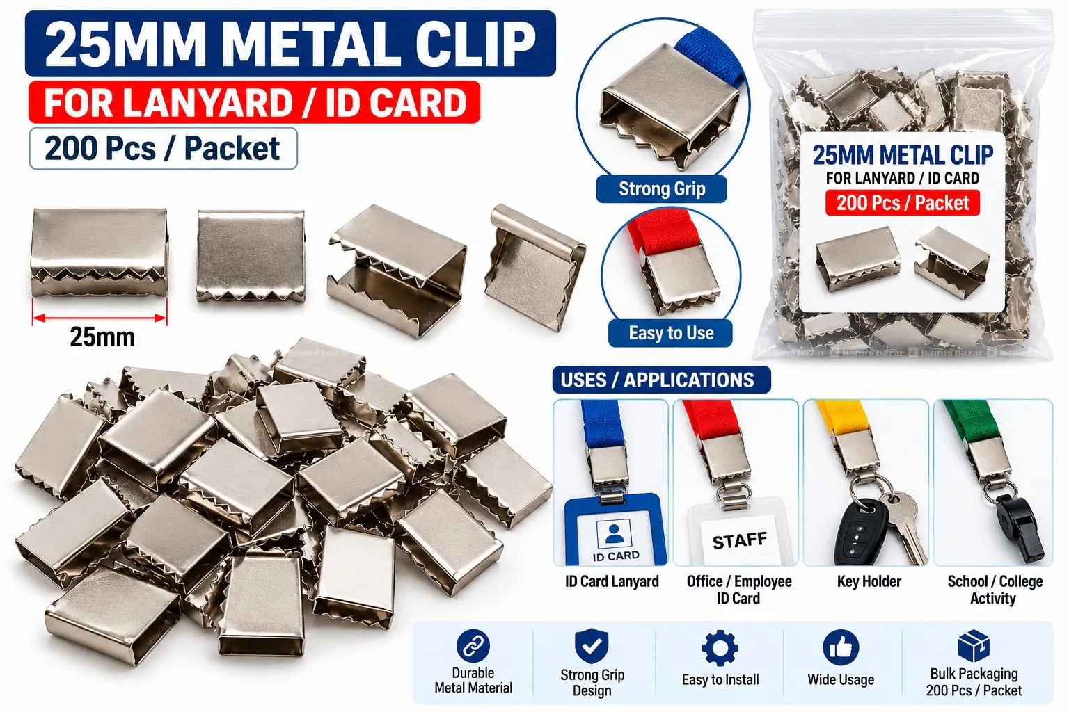 25mm Metal Clip for Lanyard ID Card  200 Piece Pkt