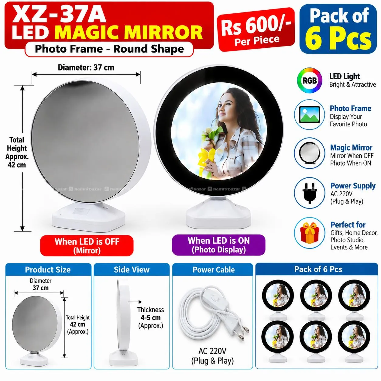 LED Magic Mirror Photo Frame XZ-37A Round 6 Pcs