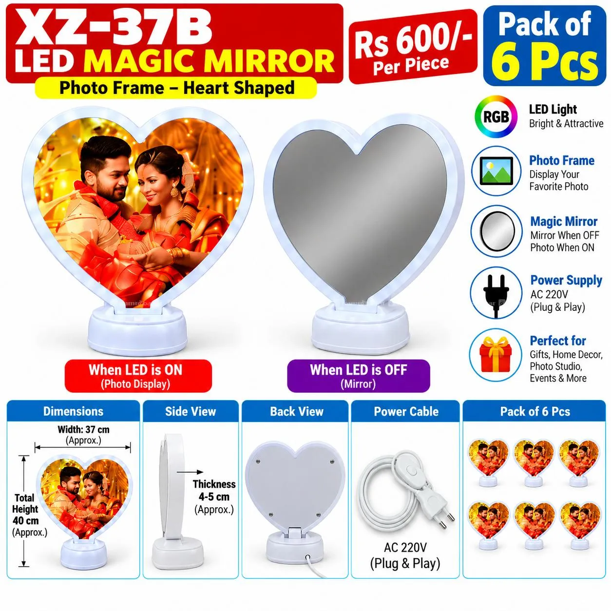 LED Magic Mirror Photo Frame XZ-37B Heart Shaped