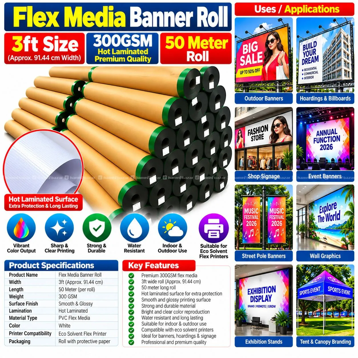 Flex Banner Roll 300GSM 3ft Size Standard Quality