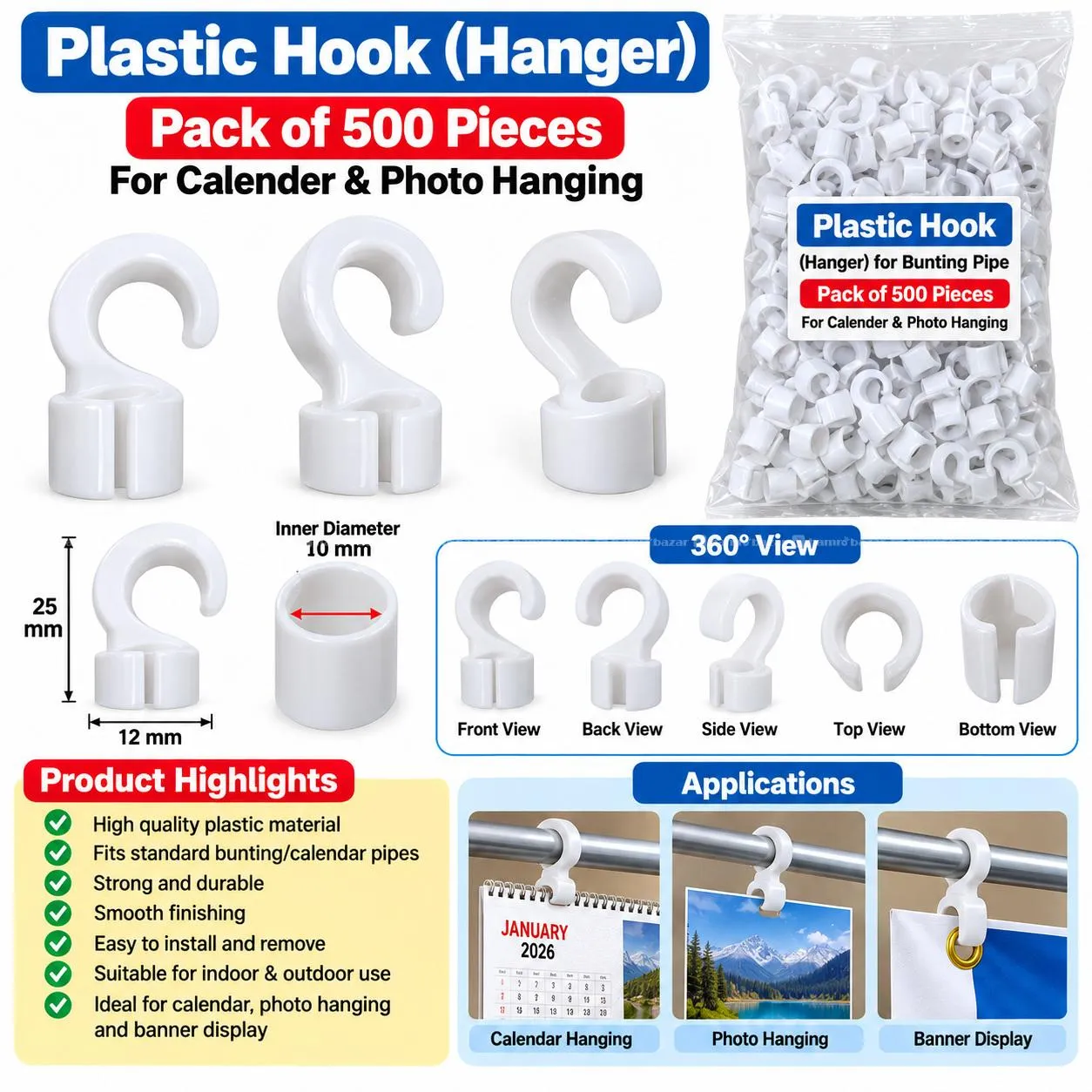 Plastic Hook (Hanger) for Bunting Pipe Pack 500Pcs