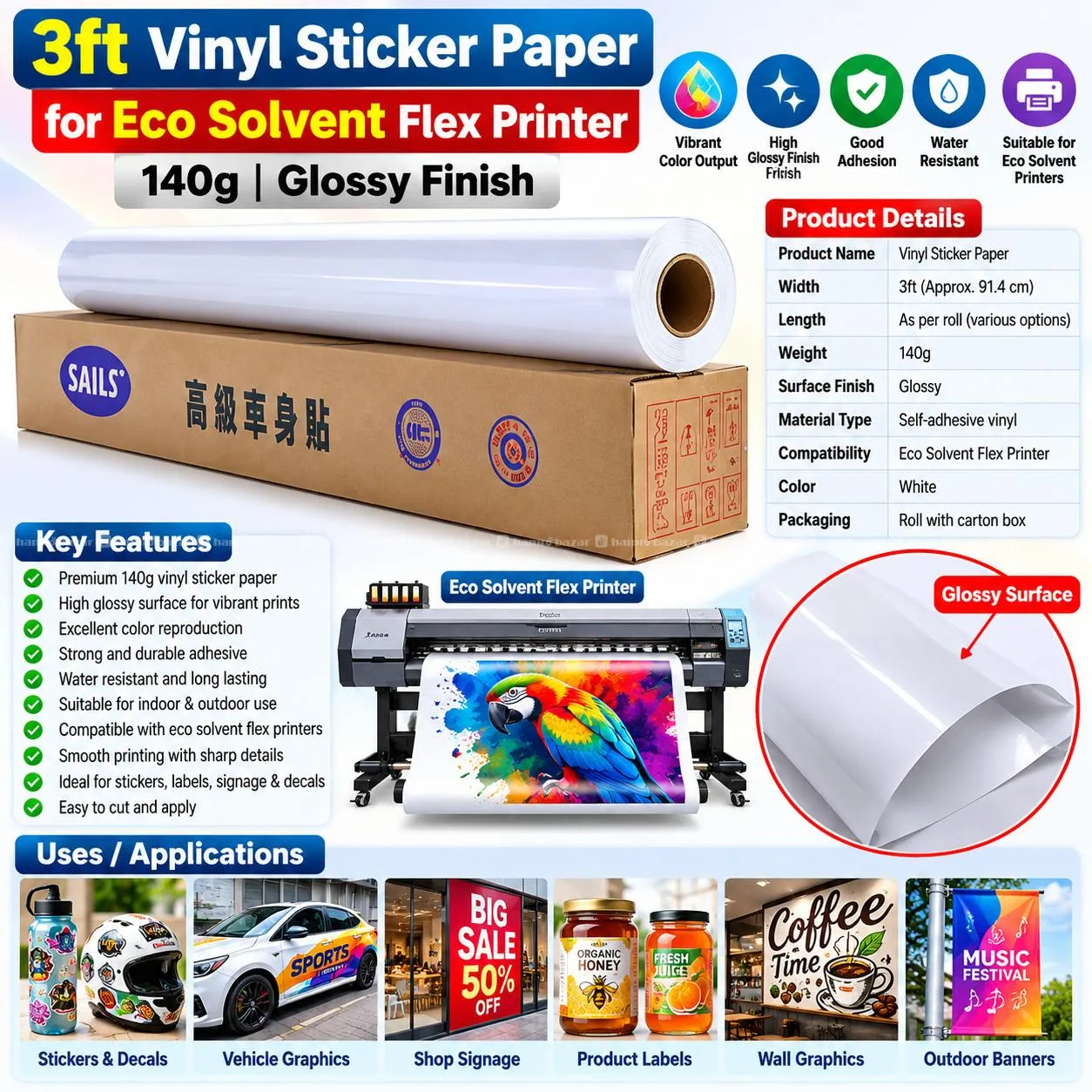 3ft Vinyl Sticker Paper  140g Glossy