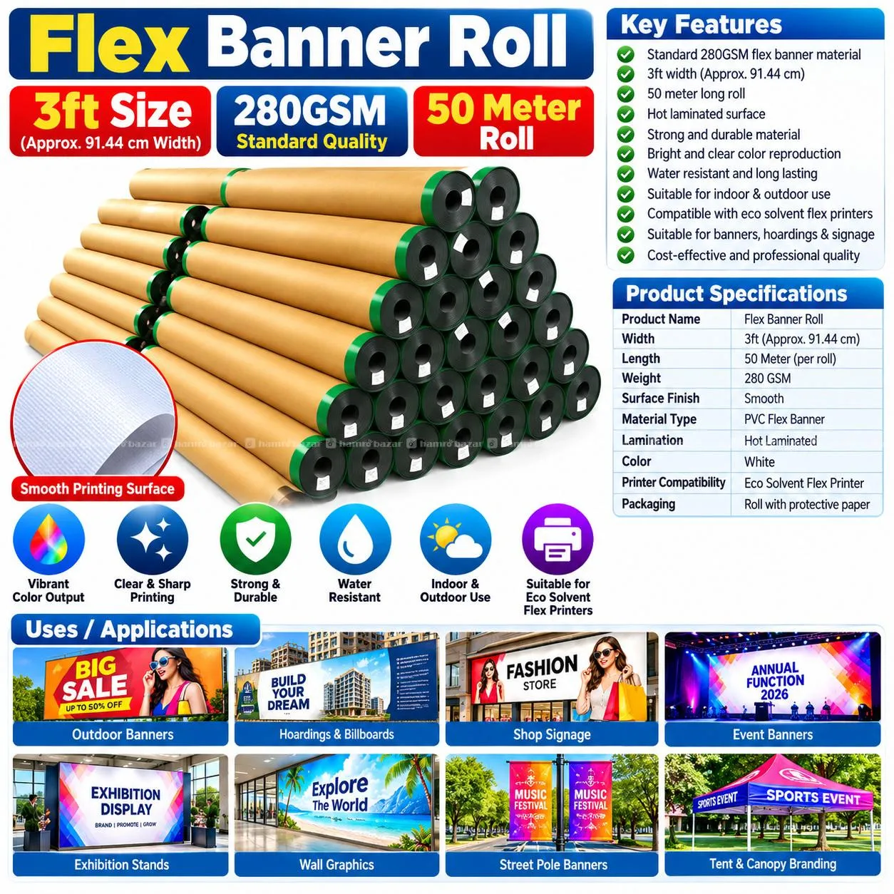 Flex Media Banner 3ft Size 280GSM Hot Laminated